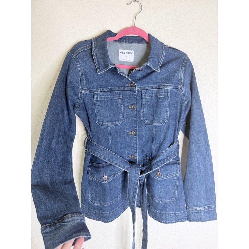 Old Navy Women's Small Denim Utility Jacket Belted 4 Pocket Chore Barn Coat